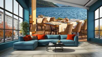 Beautiful restaurant at the sea, afternoon, eating out concept Wall mural