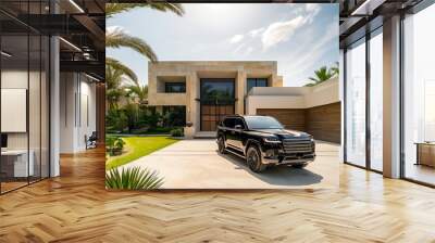 A black Luxury 4x4 SUV is parked in front of a modern luxury home in the desert southwest. Japanese, Low angle, modern architecture - daytime, driveway - modernist angles and details Wall mural