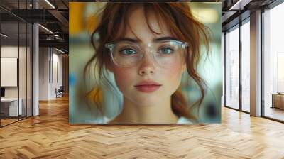 A female with red hair, fair skin and freckles with clear framed glasses. A stylish laboratory or science professional with protective lenses.  Wall mural