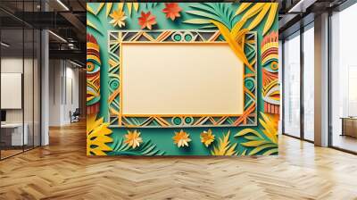 A quirky tiki scene with a blank central sign featuring a polynesian style tiki mask, palm leaves, flowers  in a cut and folded paper style, origami style Wall mural