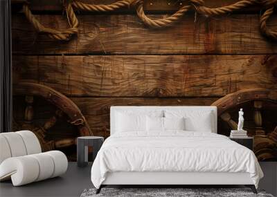 A textural antique background content slide with an old Wild West theme or Nautical Theme - rustic wood planks, a wooden wheel and rope create a western or pirate theme concept - wallpaper, desktop Wall mural