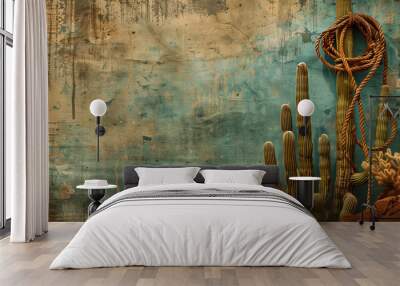 A turquoise vintage background or wallpaper with cactus and rope on aged grunge stucco wall, western style - a textural antique background with an old Wild West theme or desert southwest motif Wall mural