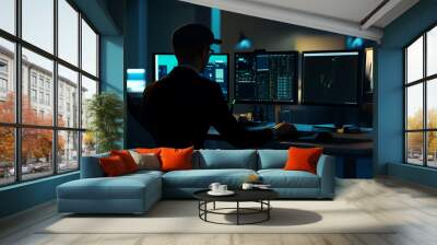 Late at night a security advisor monitors multiple screens and displays-high tech  surveillance, tracking and analysis with advanced technology Wall mural