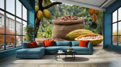 A bag of cacao beans is placed on a wooden table next to a half-eaten cacao pod. The beans are scattered around the pod, and the bag is filled with a variety of different beans Wall mural