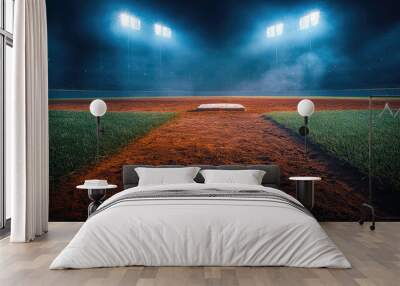 A baseball field with a pitcher's mound and a home plate. The field is lit up with bright lights, creating a dramatic atmosphere Wall mural