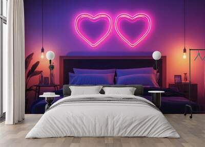 A bedroom with a neon sign that says 