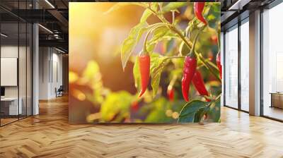 A bunch of red peppers hanging from a plant. The peppers are in the sun and the leaves are green Wall mural