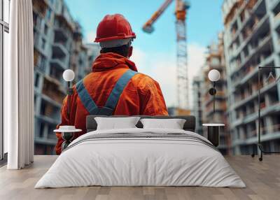 A construction worker in an orange jacket stands in front of a crane. The scene is set in a city with tall buildings in the background. The worker is wearing a hard hat and safety gear Wall mural