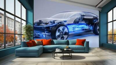 A futuristic car with a blue engine and a silver body. The car is made of glass and has a futuristic design Wall mural