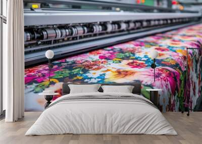 A machine is printing a floral pattern on a piece of fabric. The colors are bright and the flowers are large and colorful. The machine is likely used in a textile factory to create unique Wall mural