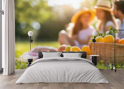 A man and a woman are sitting on a blanket in a park. They are surrounded by a basket of fruit, including apples and oranges Wall mural