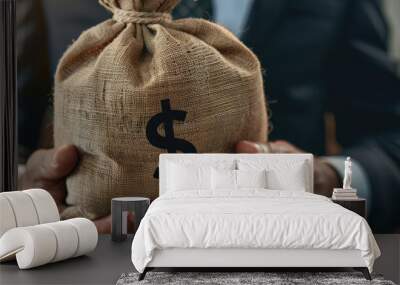 A man holding an money bag with the dollar sign on it Wall mural