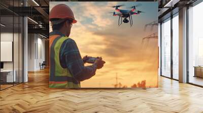 A man in a safety vest is flying a drone over a power line. The sky is cloudy and the sun is setting Wall mural