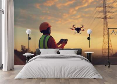 A man in a safety vest is flying a drone. The sky is cloudy and the sun is setting Wall mural