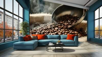 A person is scooping coffee beans out of a bag. The beans are spread out and appear to be freshly ground Wall mural