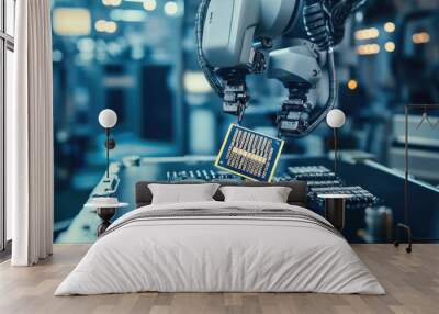 A robot is working on a computer chip. The robot is in a factory setting Wall mural