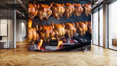 A row of roasted chickens on a grill. The fire is hot and the smoke is rising. The chickens are cooked and ready to be eaten Wall mural