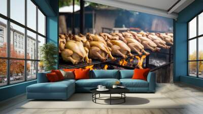 A row of roasted chickens on a grill. The fire is hot and the smoke is rising. The chickens are cooked and ready to be eaten Wall mural