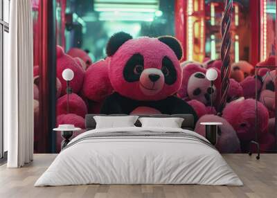 A stuffed panda bear is sitting in a pile of other stuffed pandas. The scene is colorful and playful, with the pink and black bear standing out as the main focus. Concept of fun and whimsy Wall mural