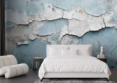 A wall with cracks and peeling paint. The wall is blue and white. The cracks and peeling paint give the wall a worn and aged appearance Wall mural