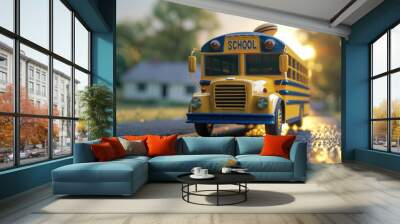 A  yellow school bus on the road with a blurred background in the style of a cute cartoon style in a close up Wall mural