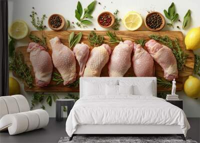 different types of chicken are displayed on a wooden cutting board, with a lemon and herbs surrounding them. Concept of freshness and abundance Wall mural