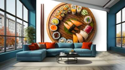 Japanese seafood sushi and maki on wooden plate Top view, White isolated background. Generative AI Wall mural