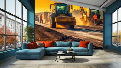 New Asphalt Road Construction. Road Workers and Construction Machinery on the Construction Site Wall mural