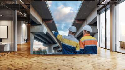 Two men are standing on a bridge, one pointing to the sky. They are wearing hard hats Wall mural