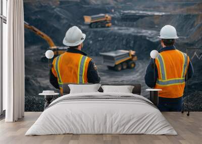 Two men in orange vests stand in front of a large pile of coal. They are wearing hard hats and are looking at the coal Wall mural