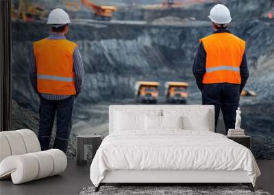 Two men in orange vests stand on a hill overlooking a construction site. The men are wearing hard hats and are looking at the work being done. Concept of caution and safety Wall mural