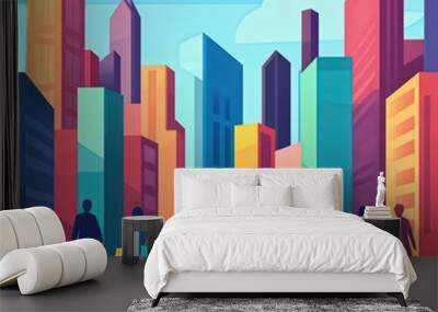 Vibrant Cityscape A Colorful Journey Through Urban Life and Shopping Adventures Wall mural