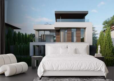 Modern private house with a carport and a small plot. 3D visualization. House concept Wall mural