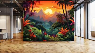 Vibrant digital artwork depicting a tropical jungle with lush foliage, colorful plants, and palm trees against a bright, empty background. Generative AI Wall mural