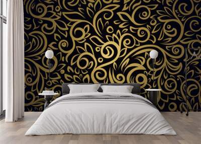 Seamless pattern with golden curls on black background Wall mural