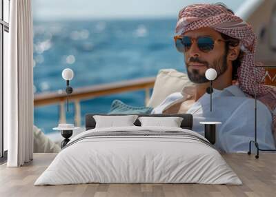 an arab sheikh on a yacht at sea --chaos 10 --ar 16:9 --stylize 900 Job ID: dc0f64a5-3016-4782-aa2d-3bf93f93e3c2 Wall mural