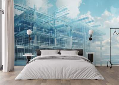 Construction software firm that works with blueprints: has a large building under construction. Wall mural