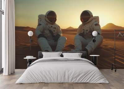 Two astronauts in white space suits standing on the sand dunes of Mars, looking at distant mountains. The photography has a cinematic style Wall mural