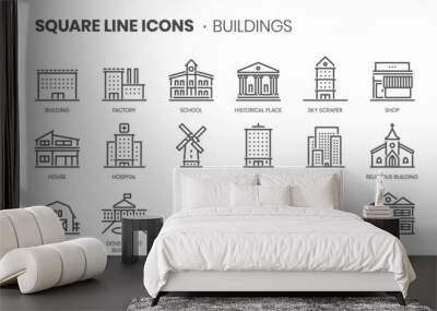 Buildings related, pixel perfect, editable stroke, up scalable square line vector icon set.  Wall mural