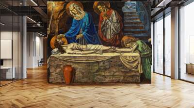 Jesus Christ lying death in his grave, with his mother Mary Wall mural