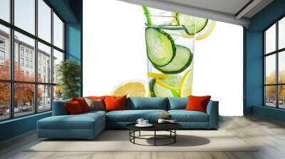 A refreshing cucumber and lemon detox water with thin cucumber and lemon slices, isolated white background, realism art style Wall mural