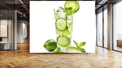 A refreshing cucumber lime mint cooler with cucumber slices, lime wedges, and mint leaves in a tall glass Wall mural