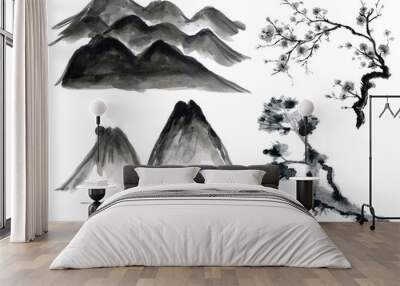 Foliage pine and plum sakura blossom mountains black and white ink watercolor asian style Traditional chinese forest  elements isolated Wall mural