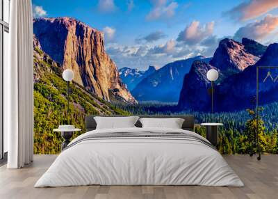 Tunnel View of Yosemite Valley with famous granite rock El Capitan on the left and dry Bridalveil Fall and imposing Cathedral Rocks on the right in Yosemite National Park, California, United States Wall mural