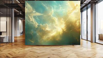 Angels flying on clouds illuminated by divine light Wall mural