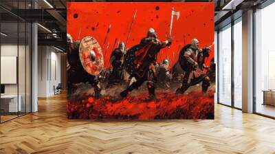 Viking warriors rushed war a red background. 2d illustration digital art Wall mural