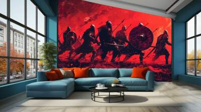 Viking warriors rushed war a red background. 2d illustration digital art Wall mural