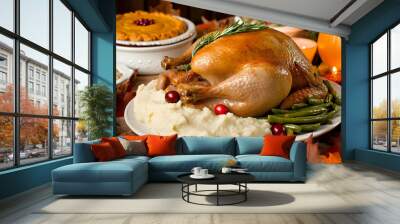 A festive Thanksgiving meal featuring a roasted turkey, mashed potatoes, green beans, and pie. Wall mural