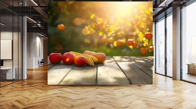 A serene outdoor scene with apples and corn on a wooden table, illuminated by sunlight. Thanksgiving background images and wallpaper. Wall mural