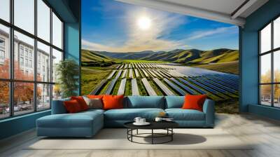 Renewable Energy - A solar farm with rows of panels under a bright sun and rolling hills. Wall mural